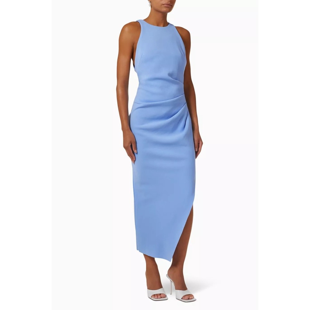 MISHA Marjorie Midi Dress Cornflower Blue Textured‎ Knit Open Back Side Slit 10